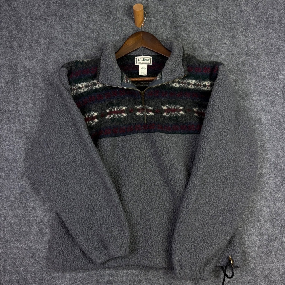 L.L. Bean Fleece Pullover Mens Medium Grey Fair Isle Wool Yoke USA Made P672